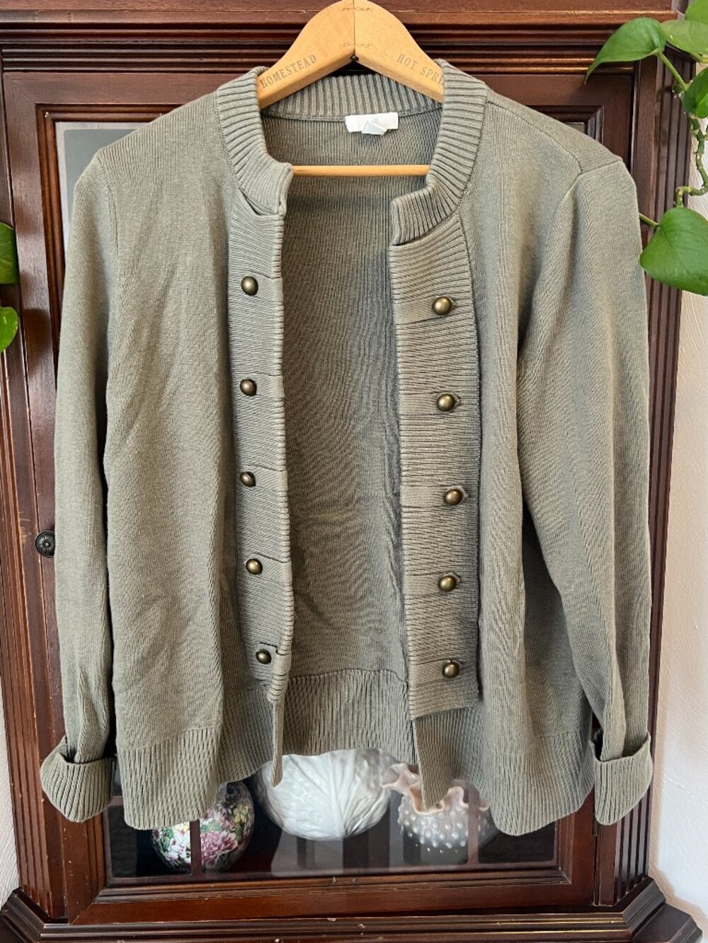 J.Jill Small Petite Olive Green Military Button Cardigan Sweater